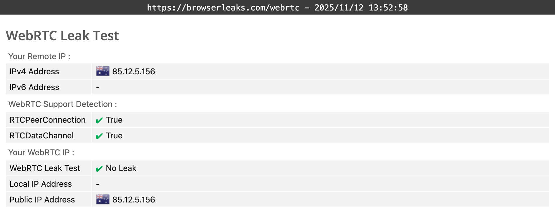 PrivadoVPN's WebRTC leak test results
