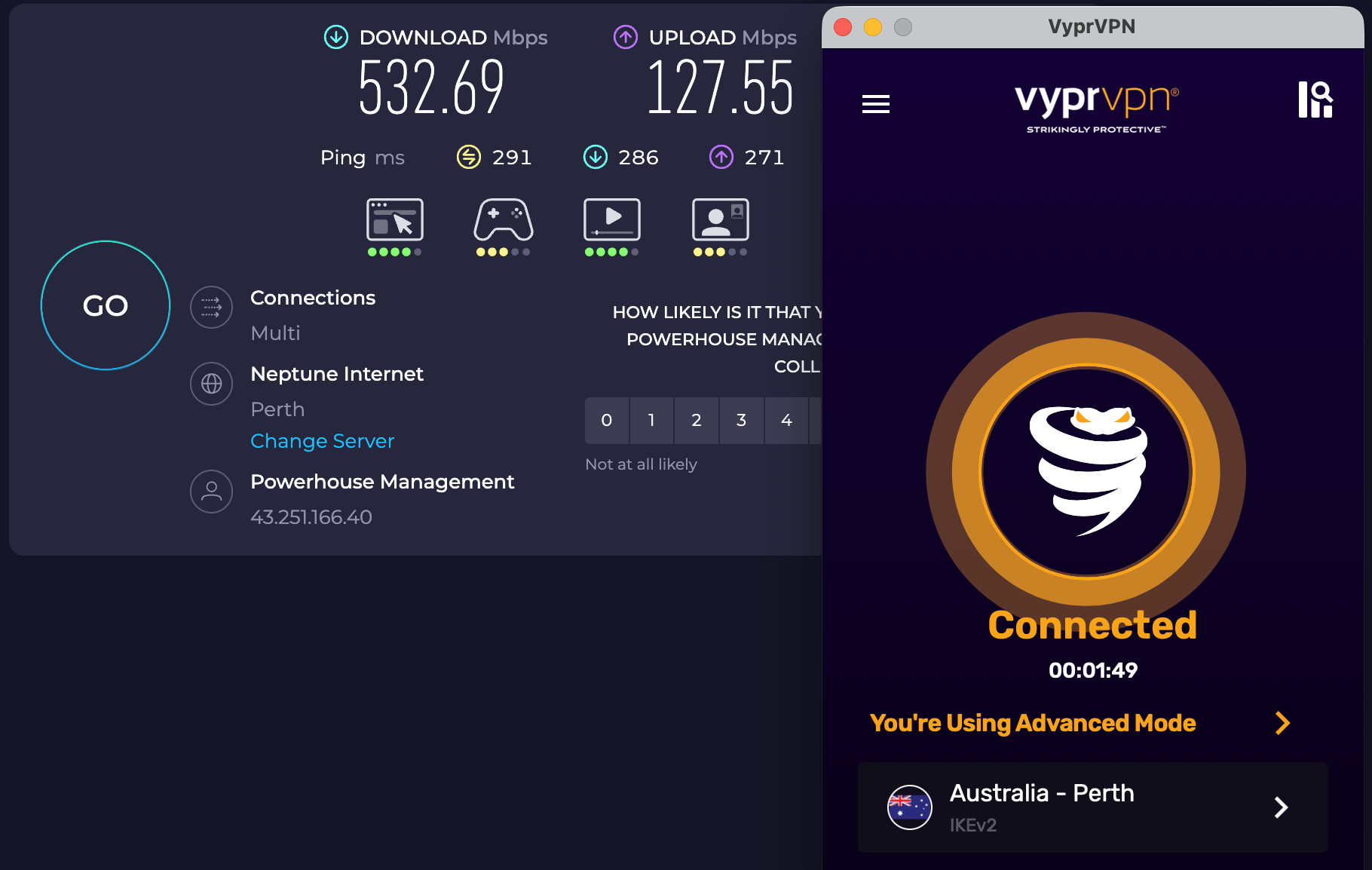 Speed test results for VyprVPN while connected to a server in Perth (532.69 download, 127.55 upload, 291 ping)