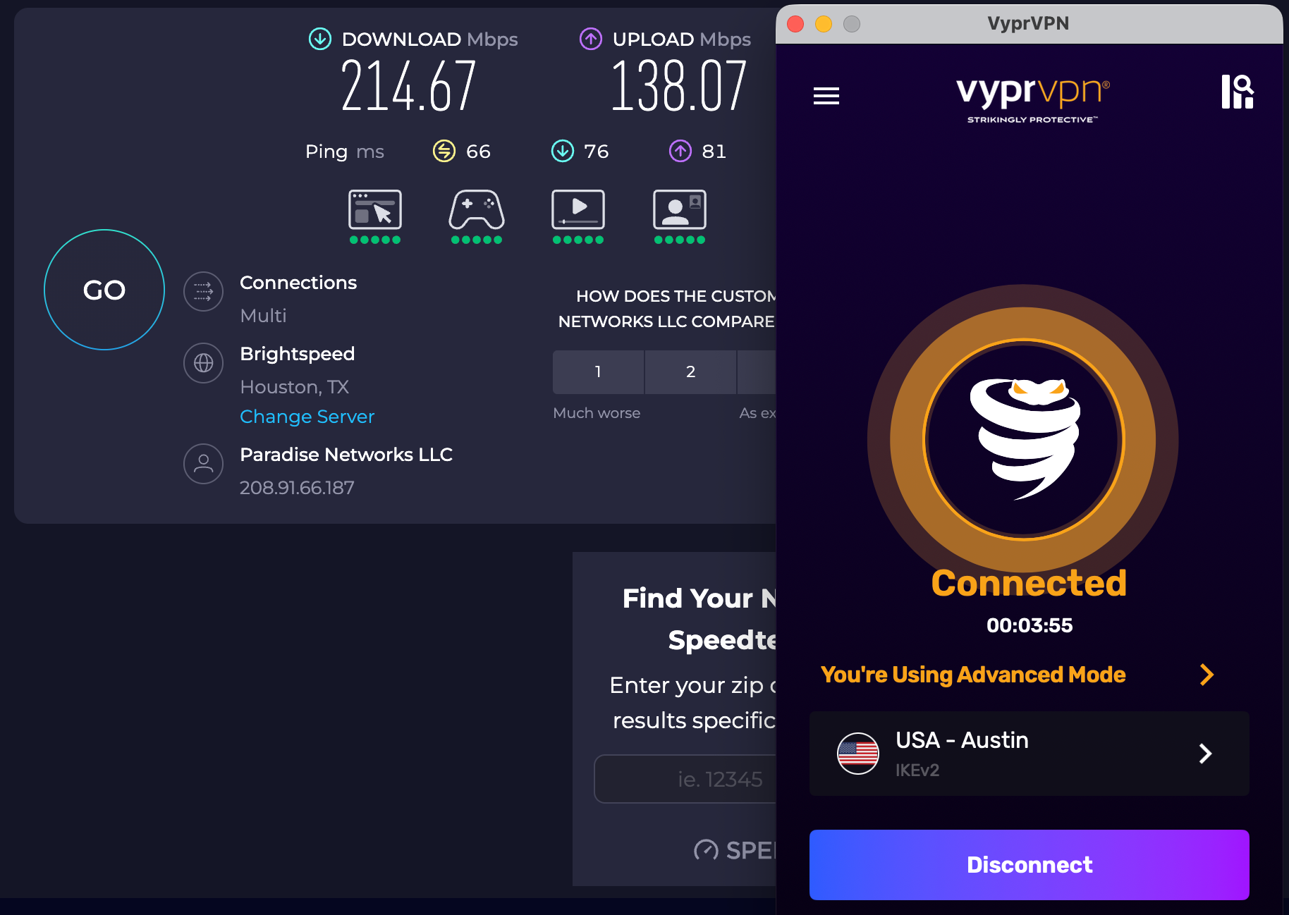 Speed test results for VyprVPN while connected to a server in Austin (214.67 download, 138.07 upload, 66 ping)