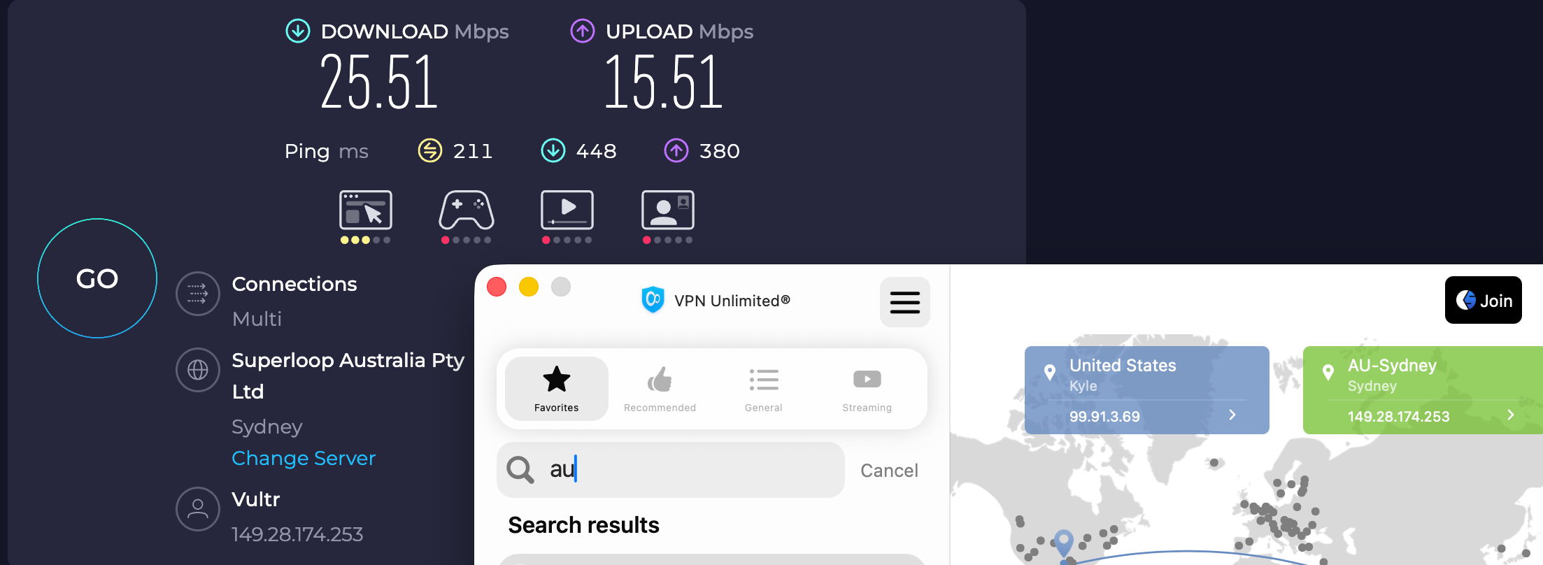 Speed test results for KeepSolid VPN Unlimited while connected to a server in Sydney (25.51 download, 15.51 upload, 211 ping)