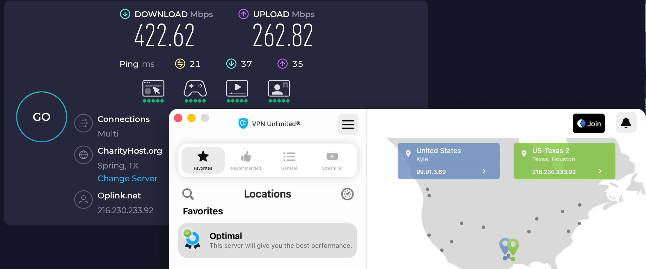 Speed test results for KeepSolid VPN Unlimited while connected to a server in Houston (422.62 download, 262.82 upload, 21 ping)
