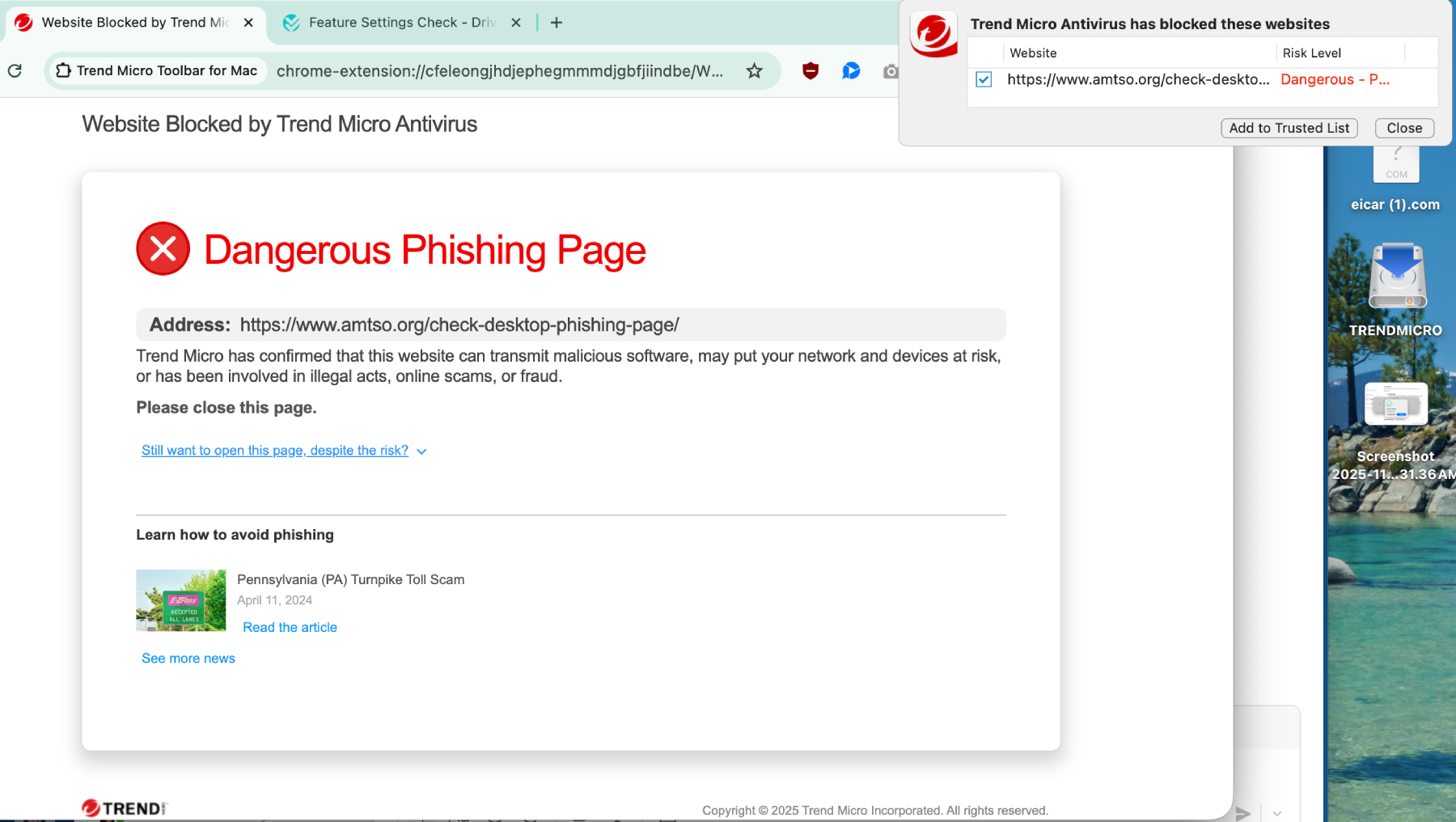 Trend Micro malicious phishing page warning. 