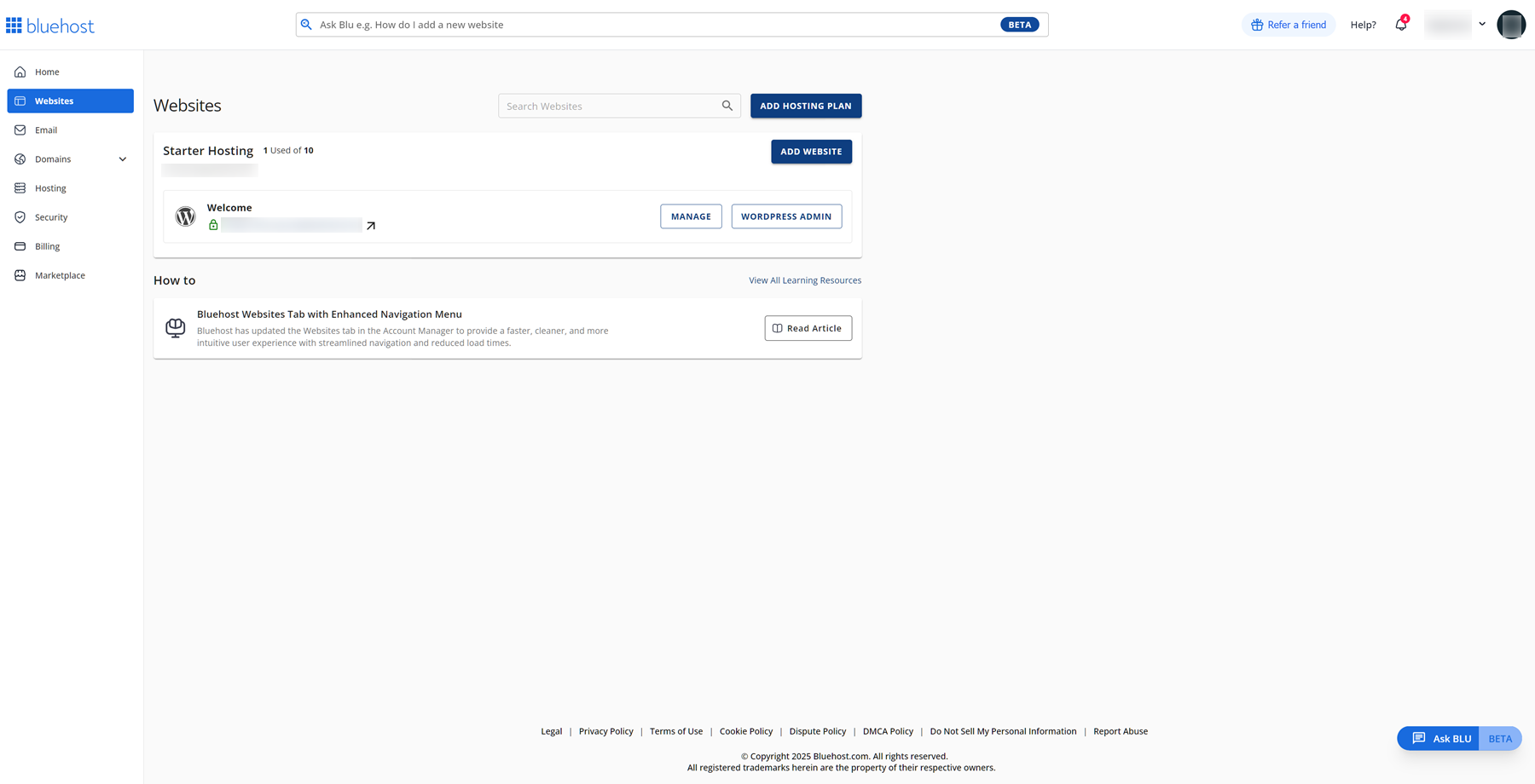 Bluehost account dashboard