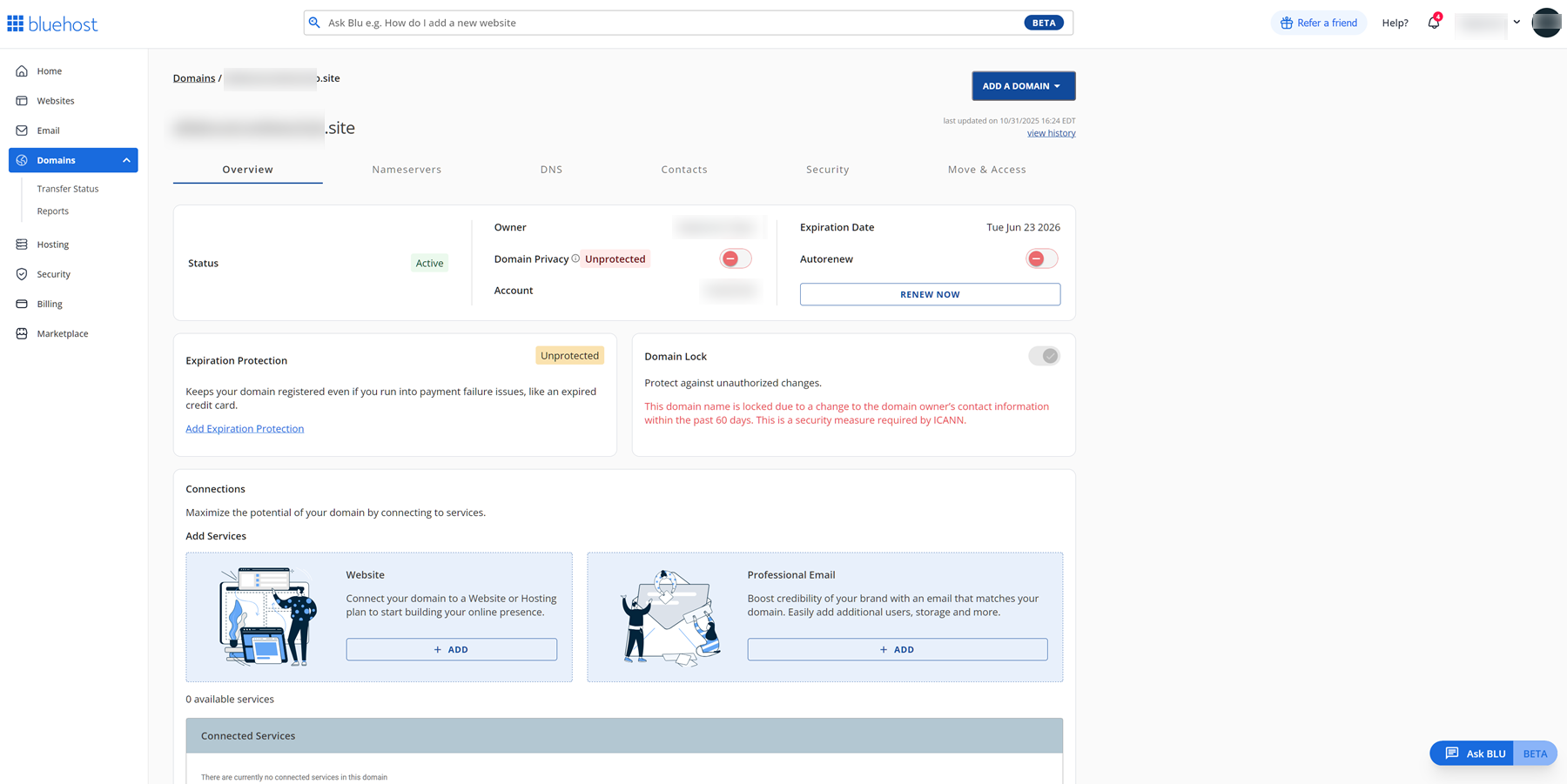 Bluehost domain management dashboard