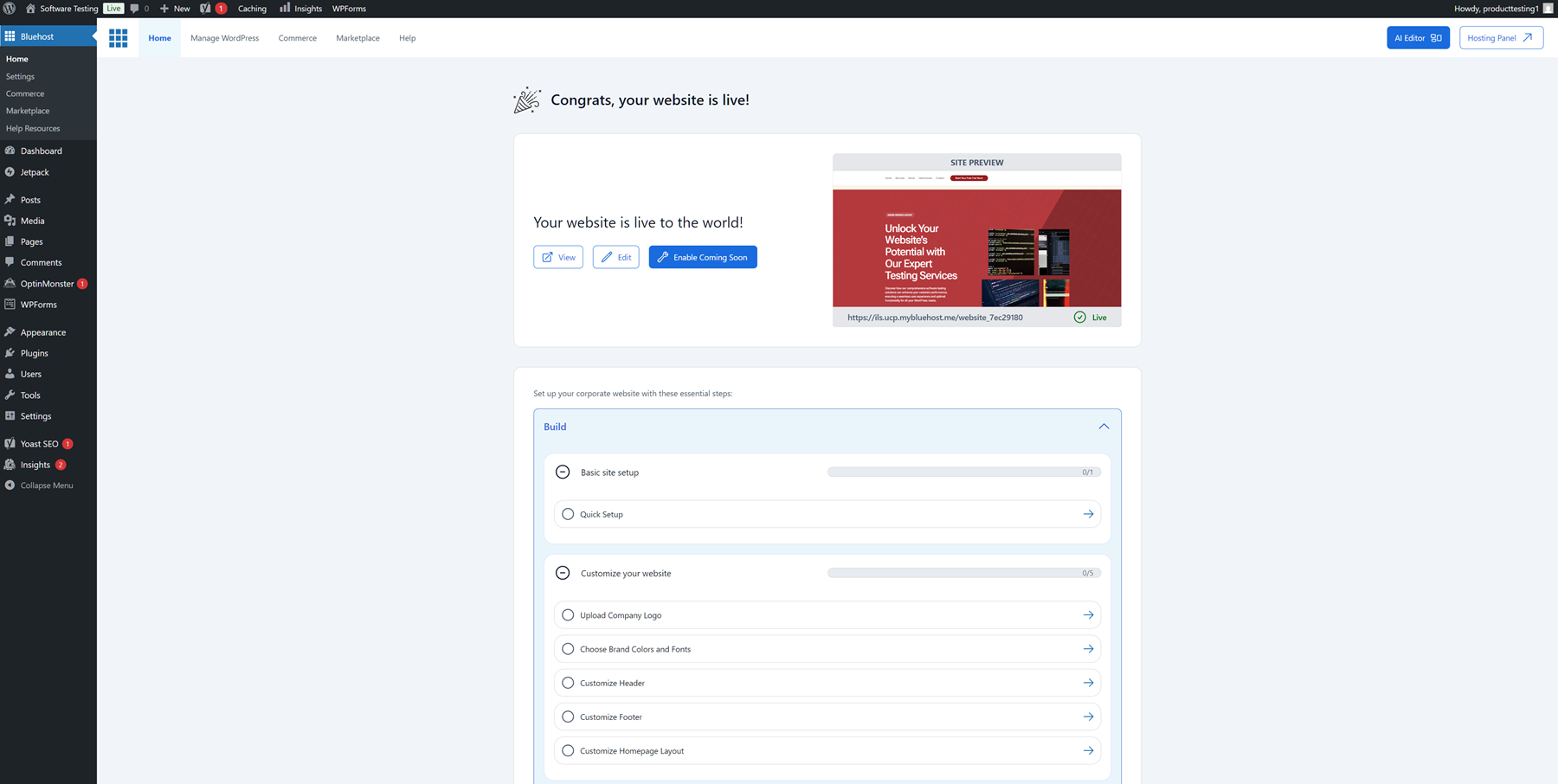 Bluehost test site launch
