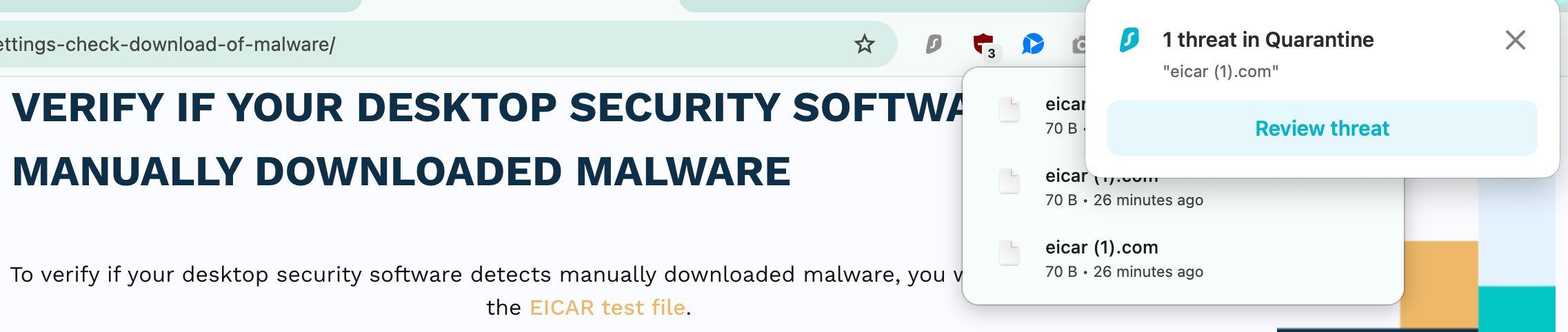 Pop-up from Surfshark Antivirus quarantining EICAR file