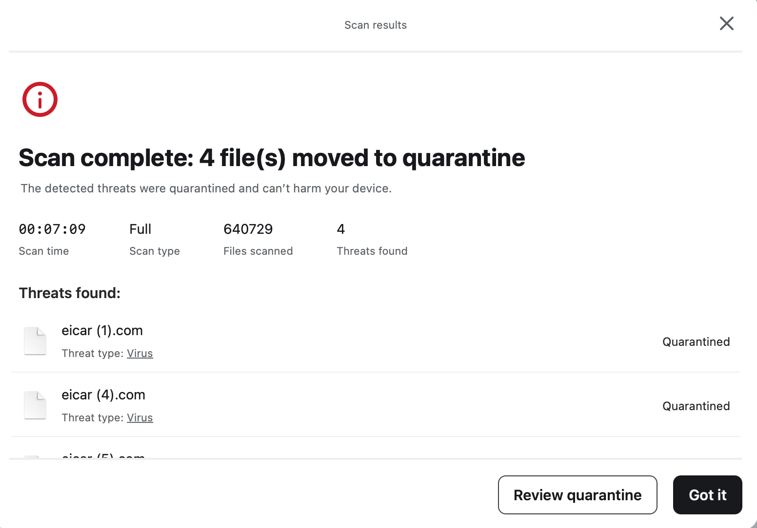 Surfshark Antivirus full scan results (4 files moved to quarantine)
