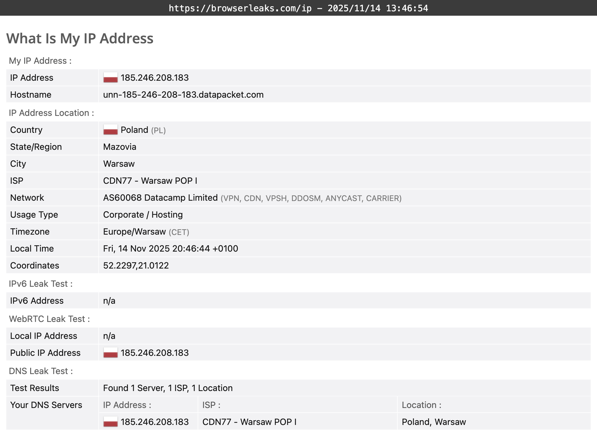 Surfshark's DNS leak test results (pass)
