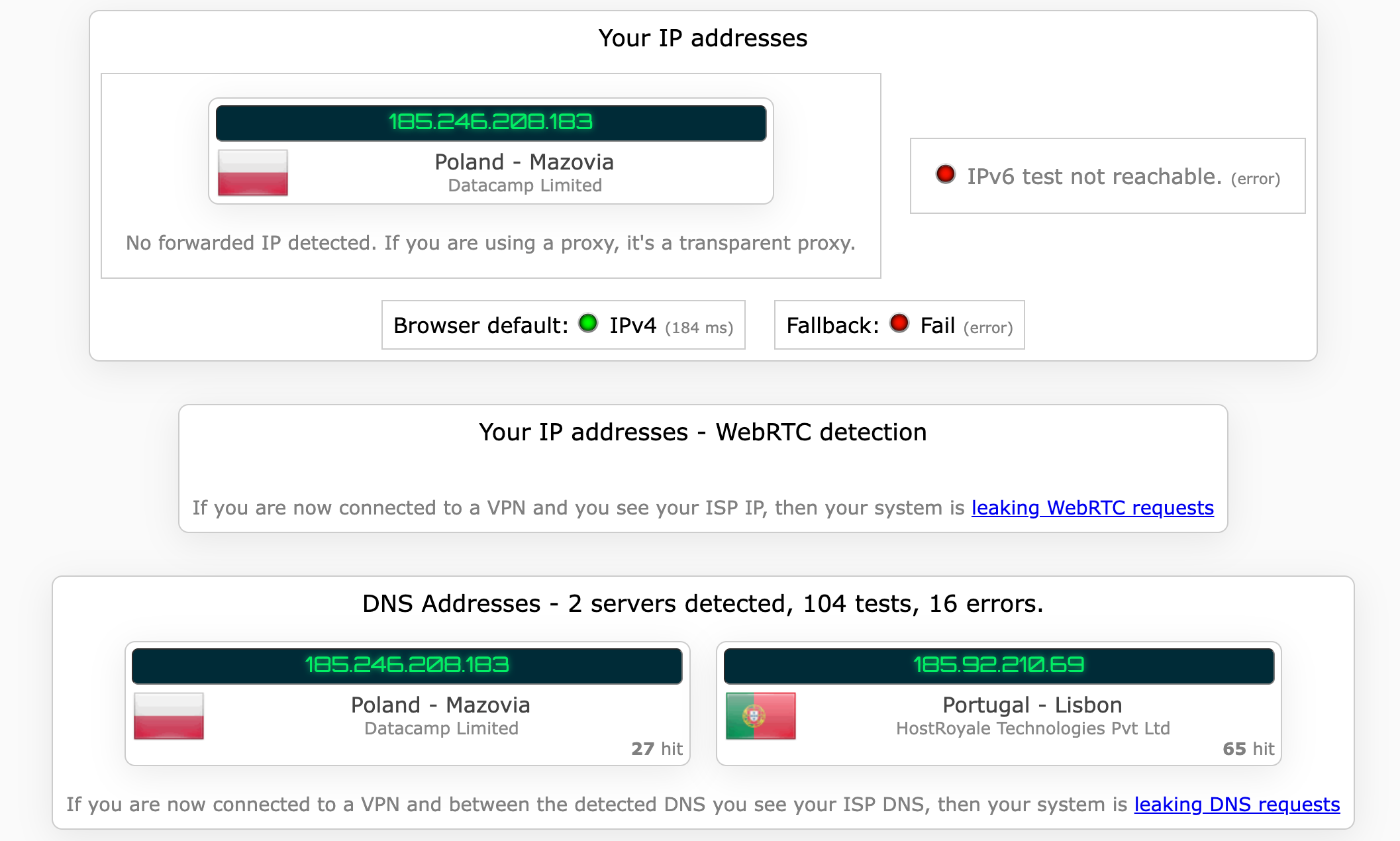 Surfshark's kill switch test results (pass).