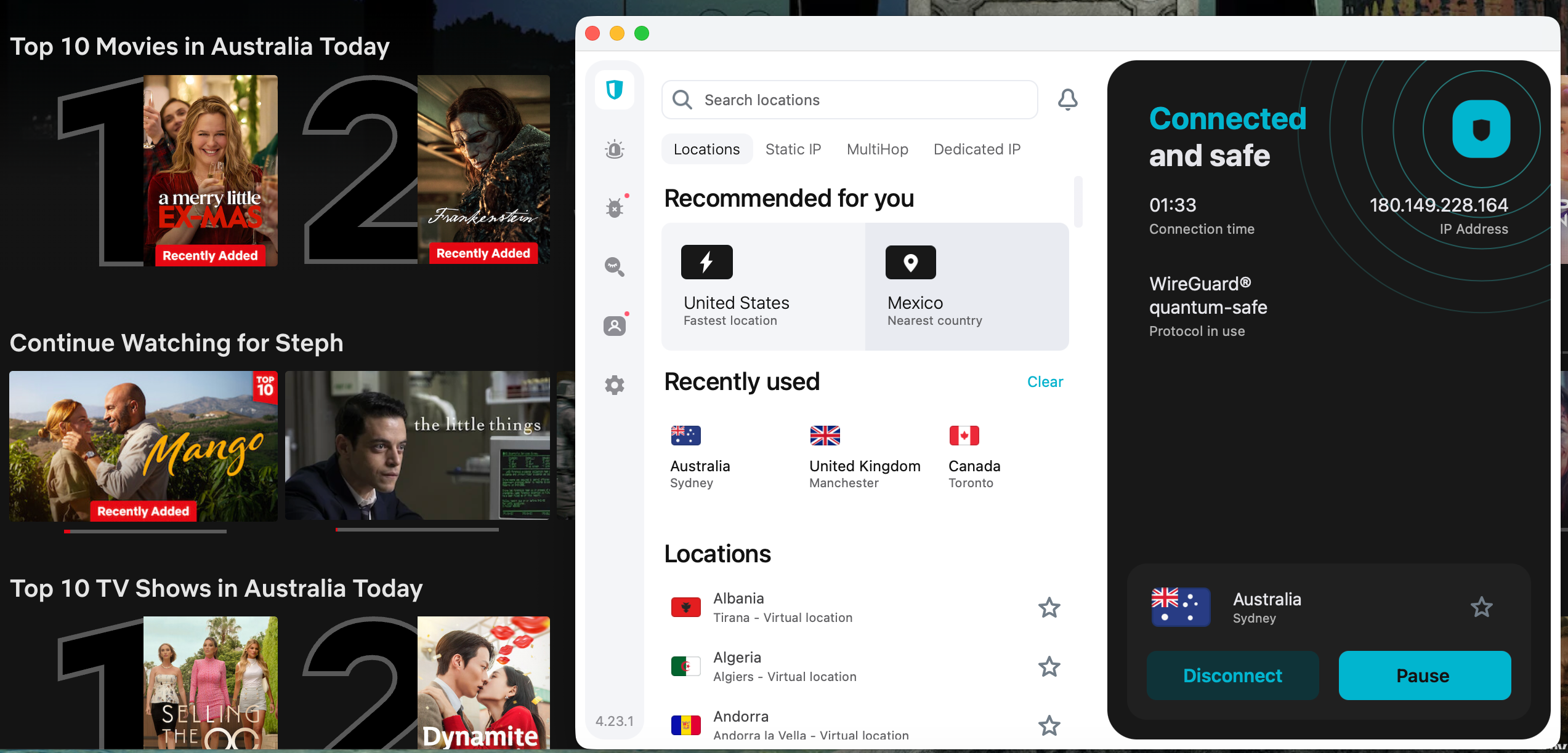 Netflix list of top shows in Australia today with Surfshark in the foreground