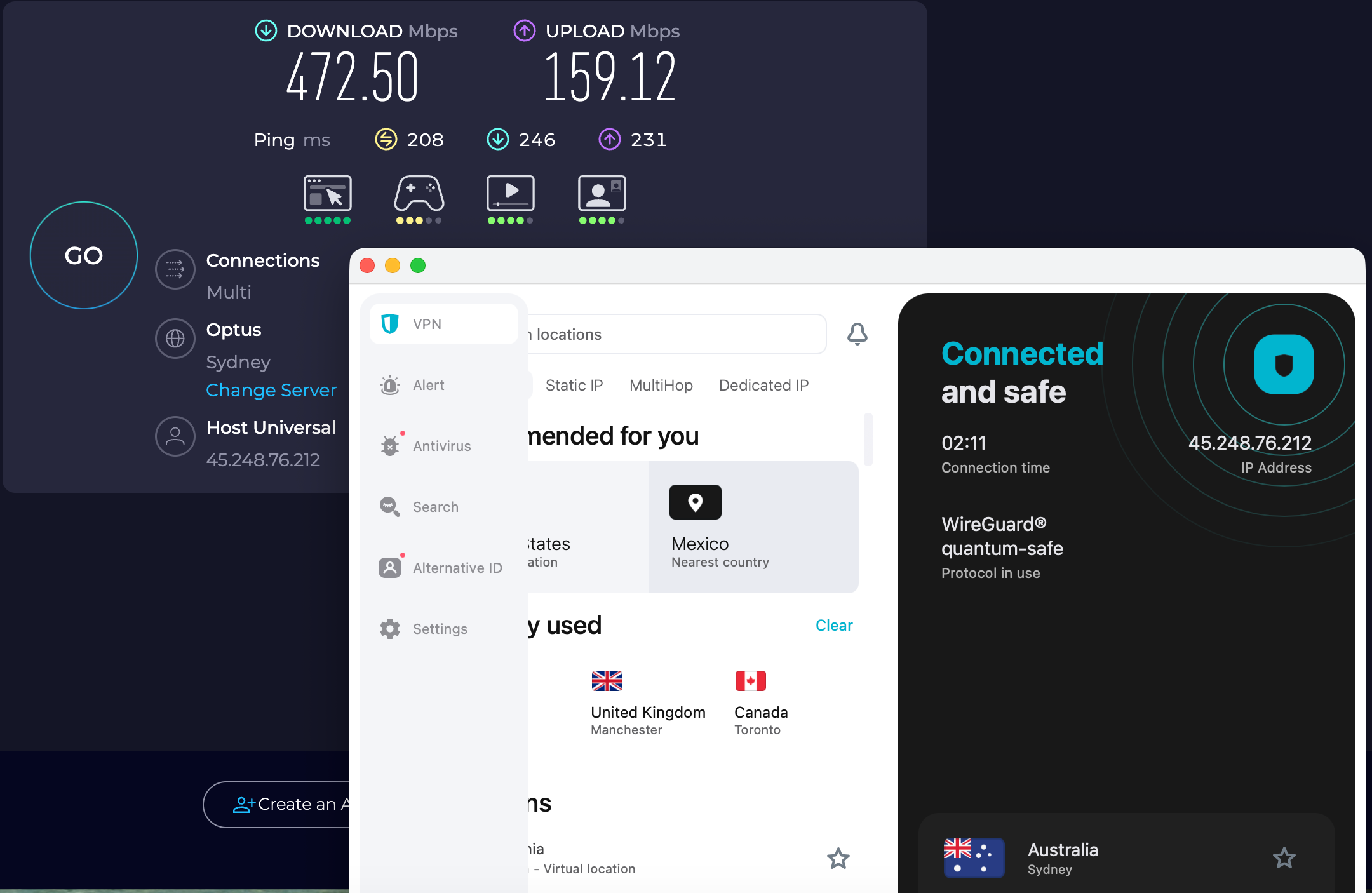 Speed test results for Surfshark wh ile connected to a server in Sydney (472.50 download, 159.12 upload, 108 ping)