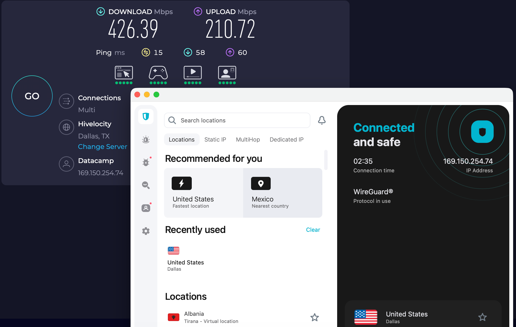 Speed test results for Surfshark while connected to a server in Dallas (426.39 download, 210.72 upload, 20 ping)