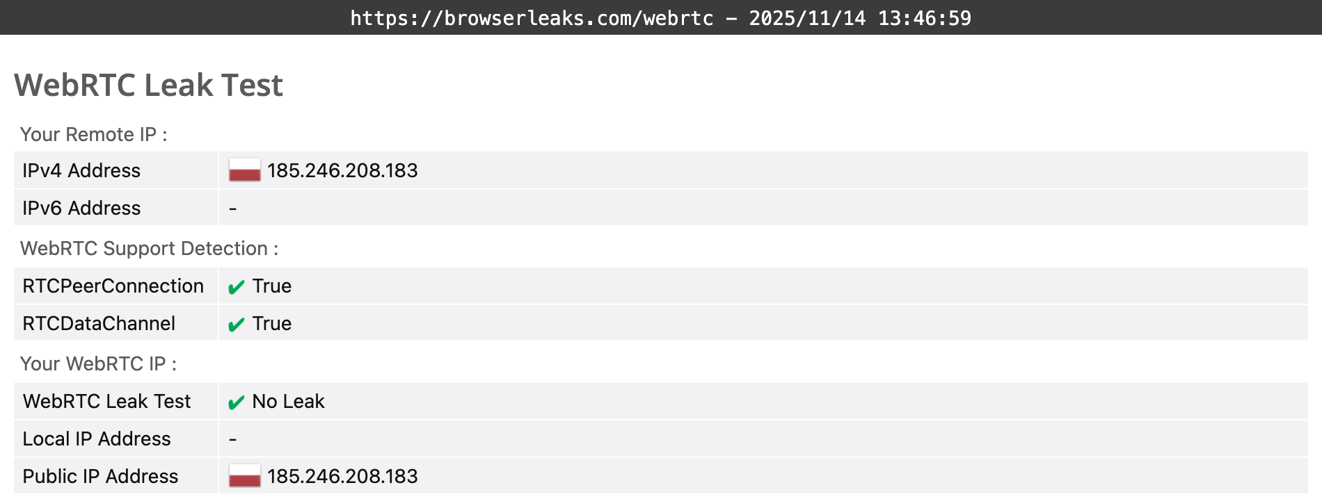 Surfshark's WebRTC leak test results (pass)