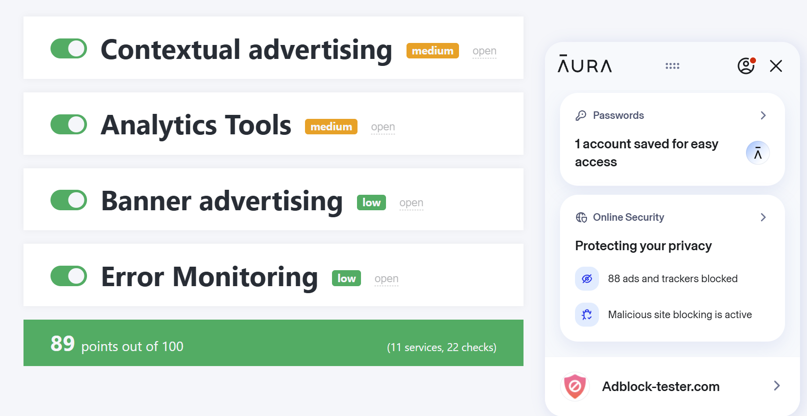 Aura Ad Block test results on adblock-tester Oct 2025