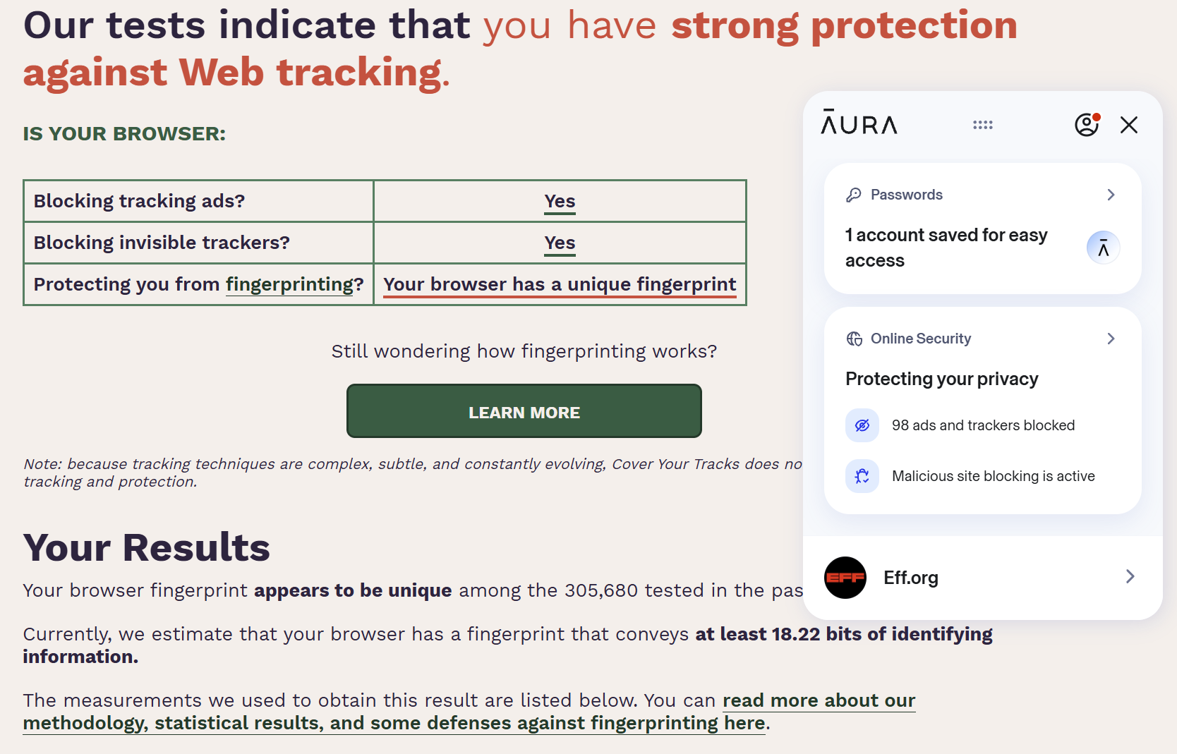 Aura Ad Block receiving a 2/3 score on Cover Your Tracks test Oct 2025