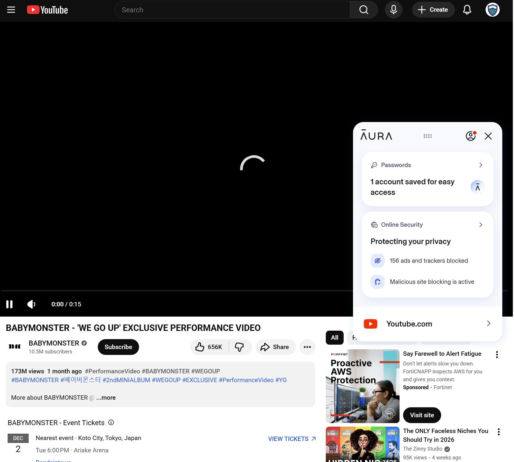 Aura Ad Block blocking YouTube ad from showing