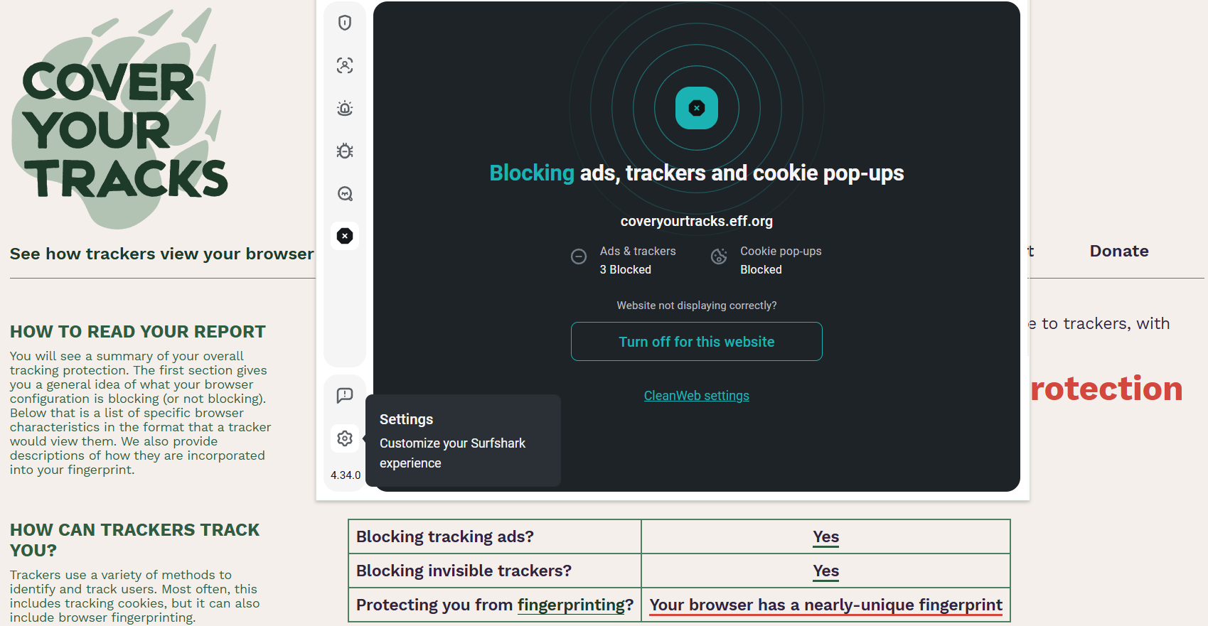 Surfshark CleanWeb's Cover Your Tracks results (2.5/3)