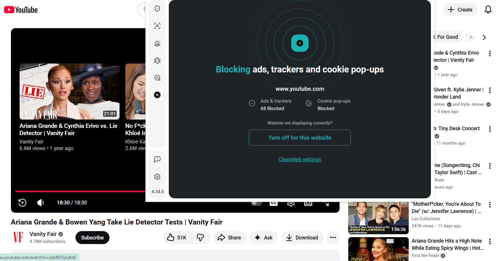 End of a YouTube video with Surfshark extension open in the foreground