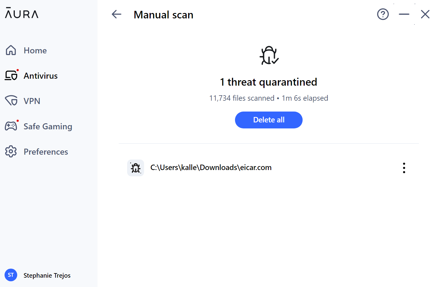 Aura Antivirus quick scan detecting EICAR file