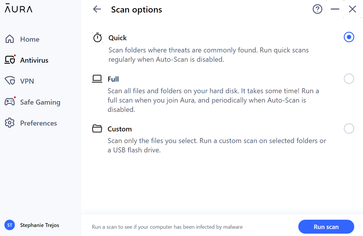 Aura Antivirus scan options