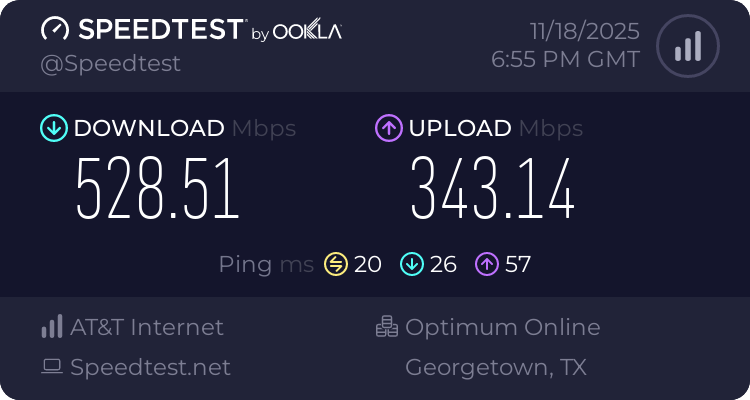 Baseline speed test before testing VeePN (528.51 download, 343.14 upload, 20 ping)