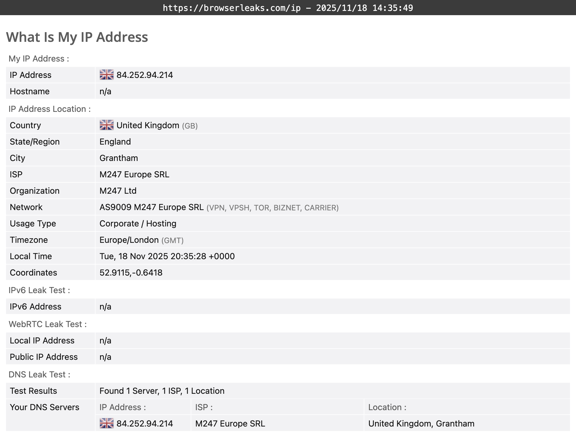 VeePN's DNS leak test results (passed)