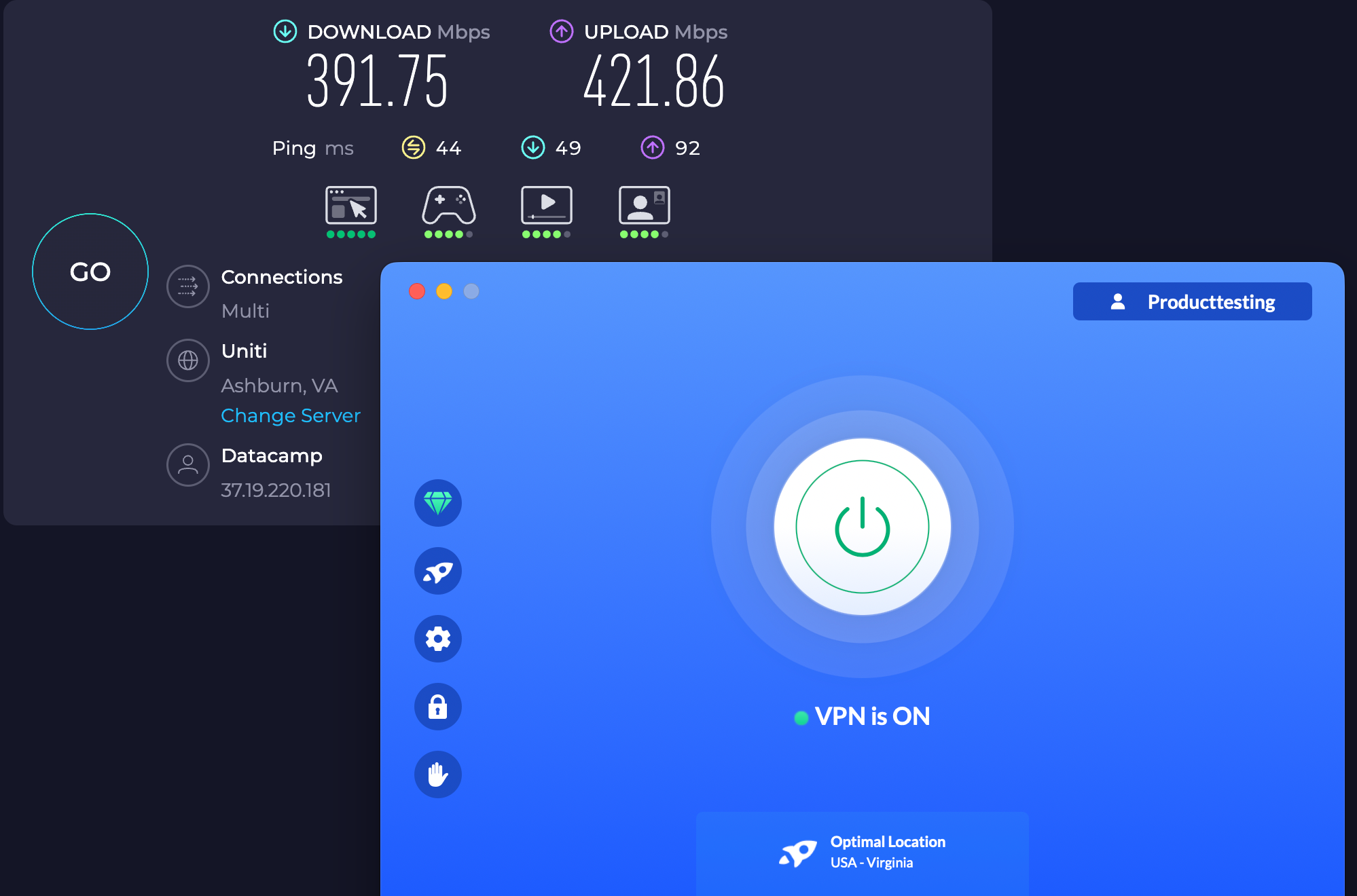 Speed test results for VeePN while connected to a Virginia server (170.21 download, 154.28 upload, 49 latency)