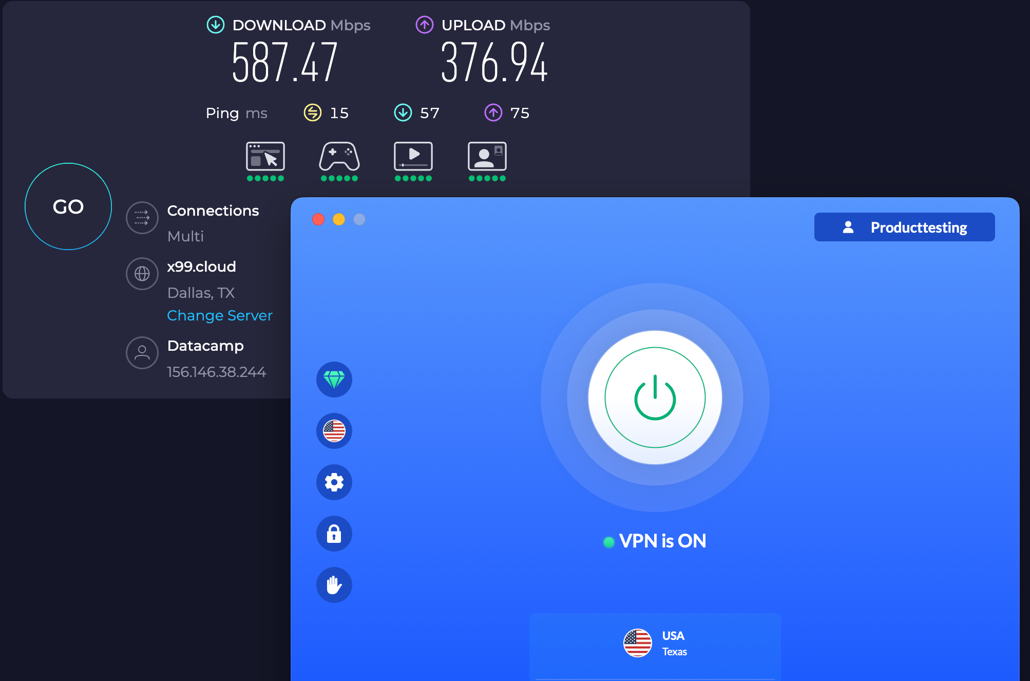Speed test results for VeePN while connected to a Dallas server (587.47 download, 376.94 upload, 15 latency)