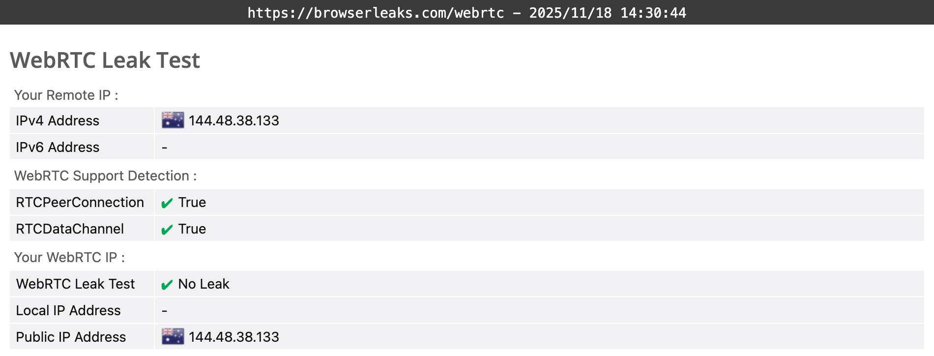 VeePN's WebRTC leak test results (passed).