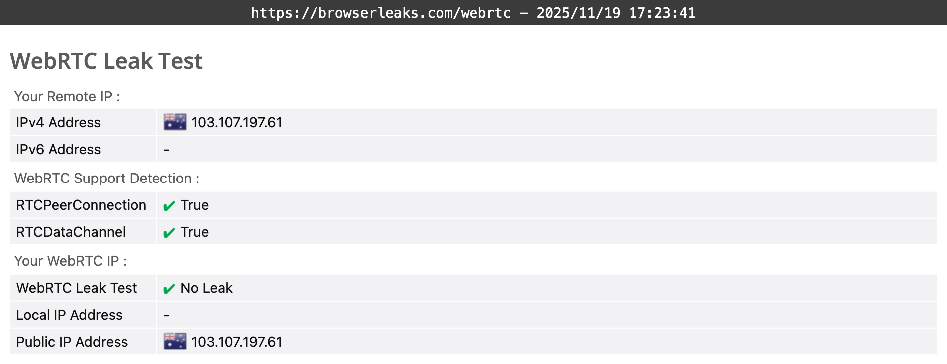 StrongVPN's WebRTC leak test results (passed).  