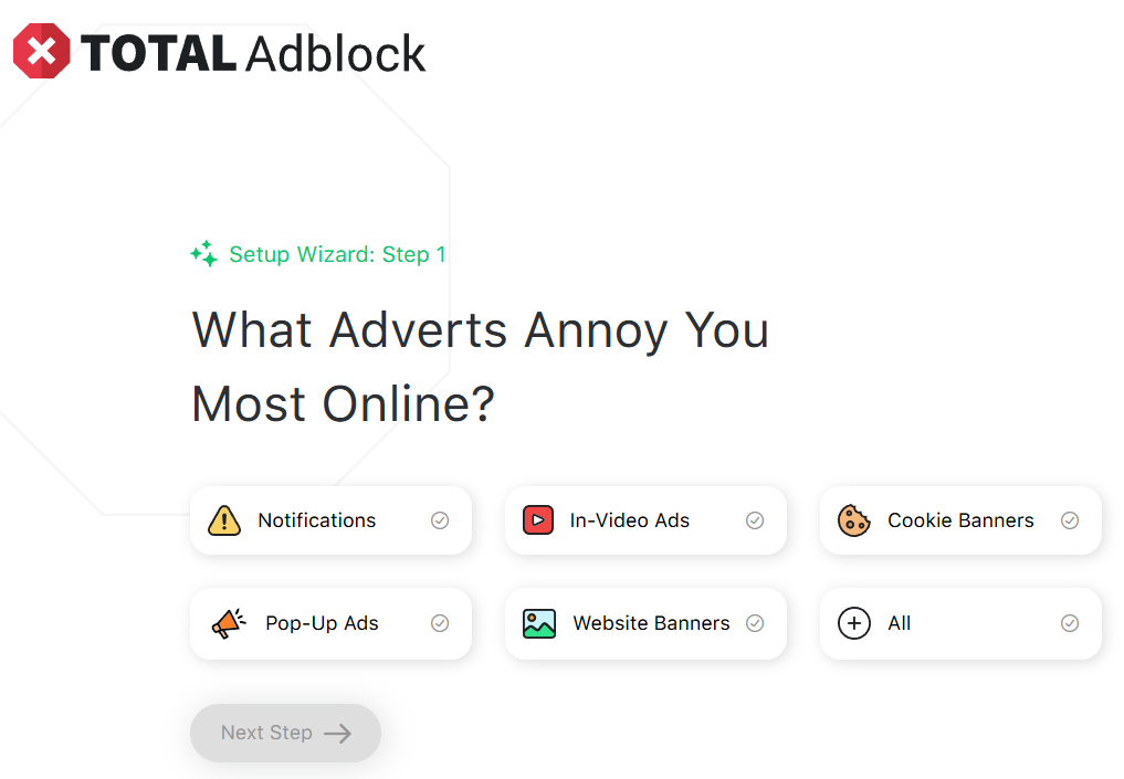 Total Adblock setup page asking which adverts annoy you most online