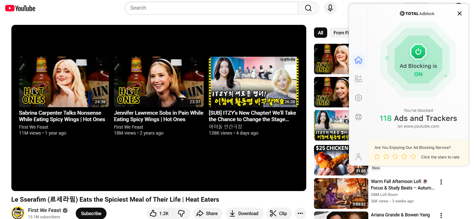 End of a YouTube video with Total Adblock extension open in the foreground