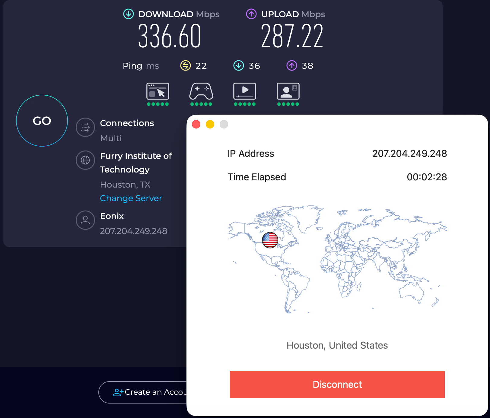Speed test results for StrongVPN w hile connected to a server in Houston (336.60 download, 287.22 upload, 22 latency)