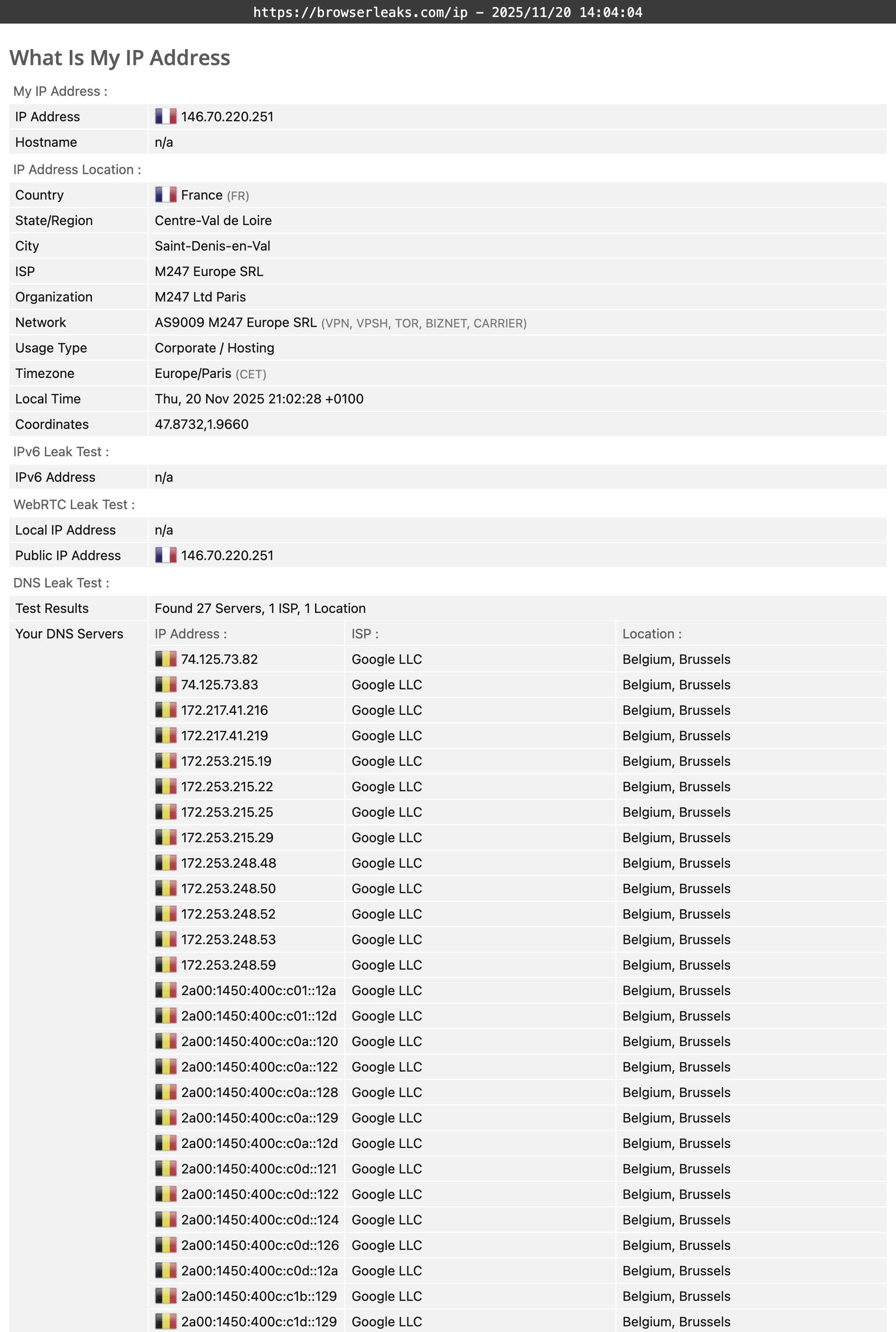 Total VPN's DNS leak test results (passed).