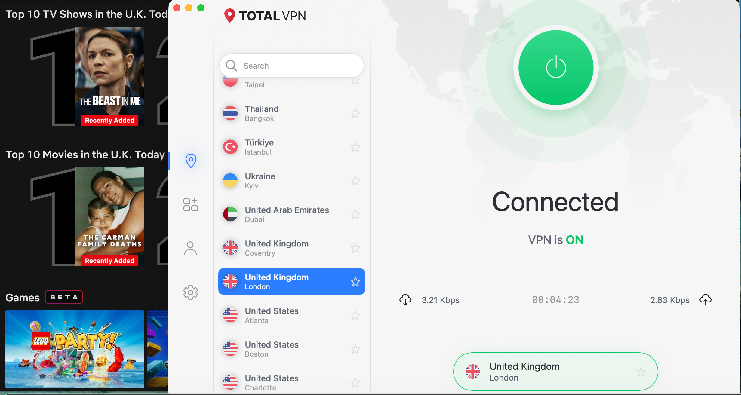 Netflix list of top shows and movies in the U.K. today with Total VPN in the foreground
