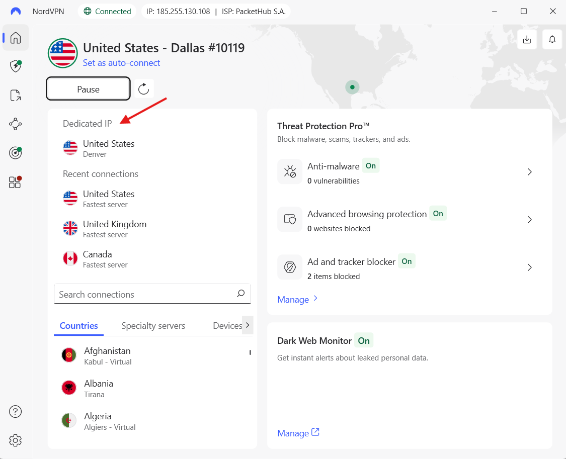 NordVPN dashboard open on home tab with an arrow pointing to dedicated IP