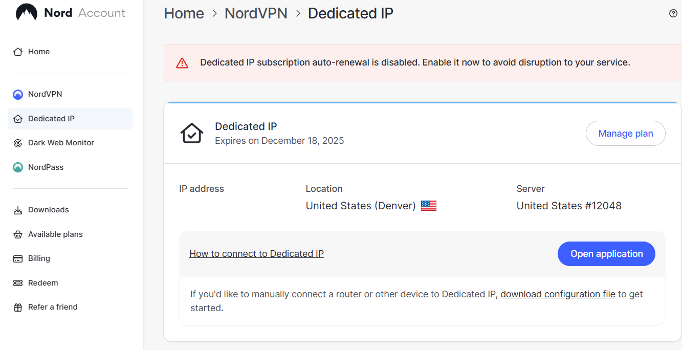 Nord web dashboard open on NordVPN > Dedicated IP