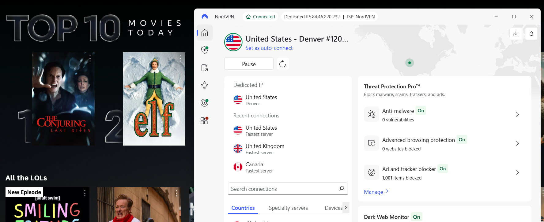 HBO Max list of top 10 movies today with NordVPN in the foreground