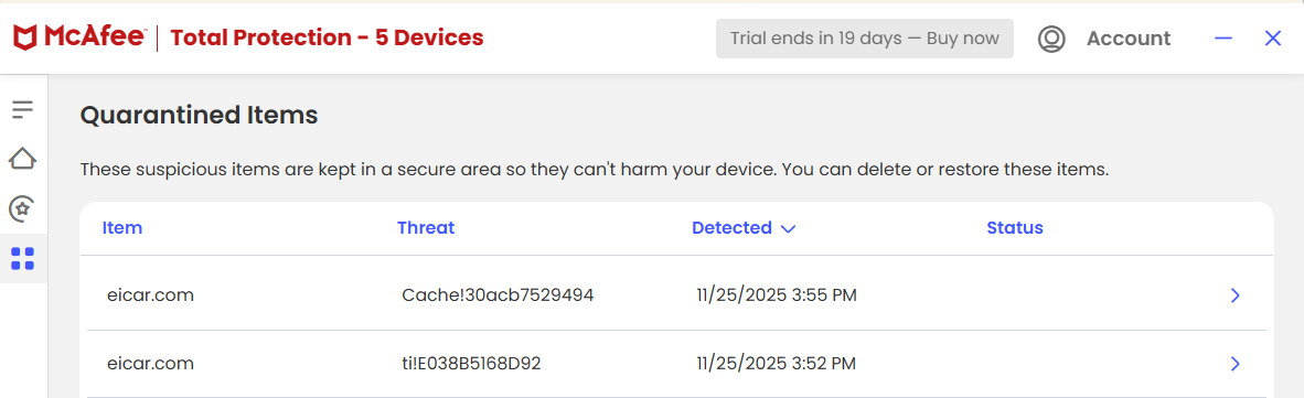 McAfee Quarantined items tab showing EICAR files 