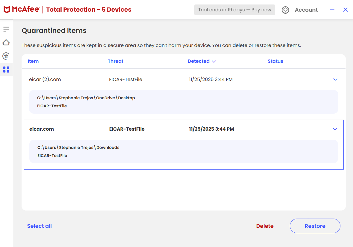 McAfee quarantined files with EICAR files listed
