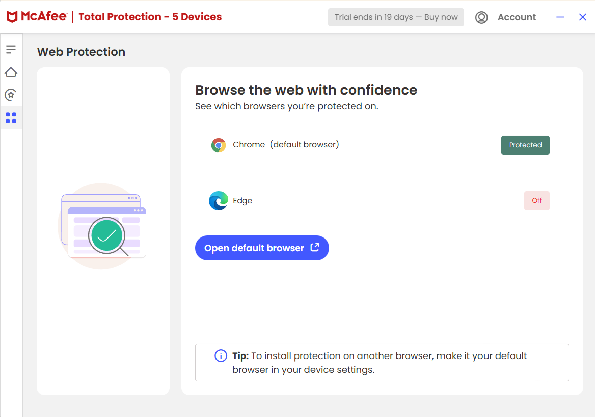 McAfee Total Protection app open on Web Protection tab