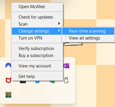 McAfee icon settings open from the notification area