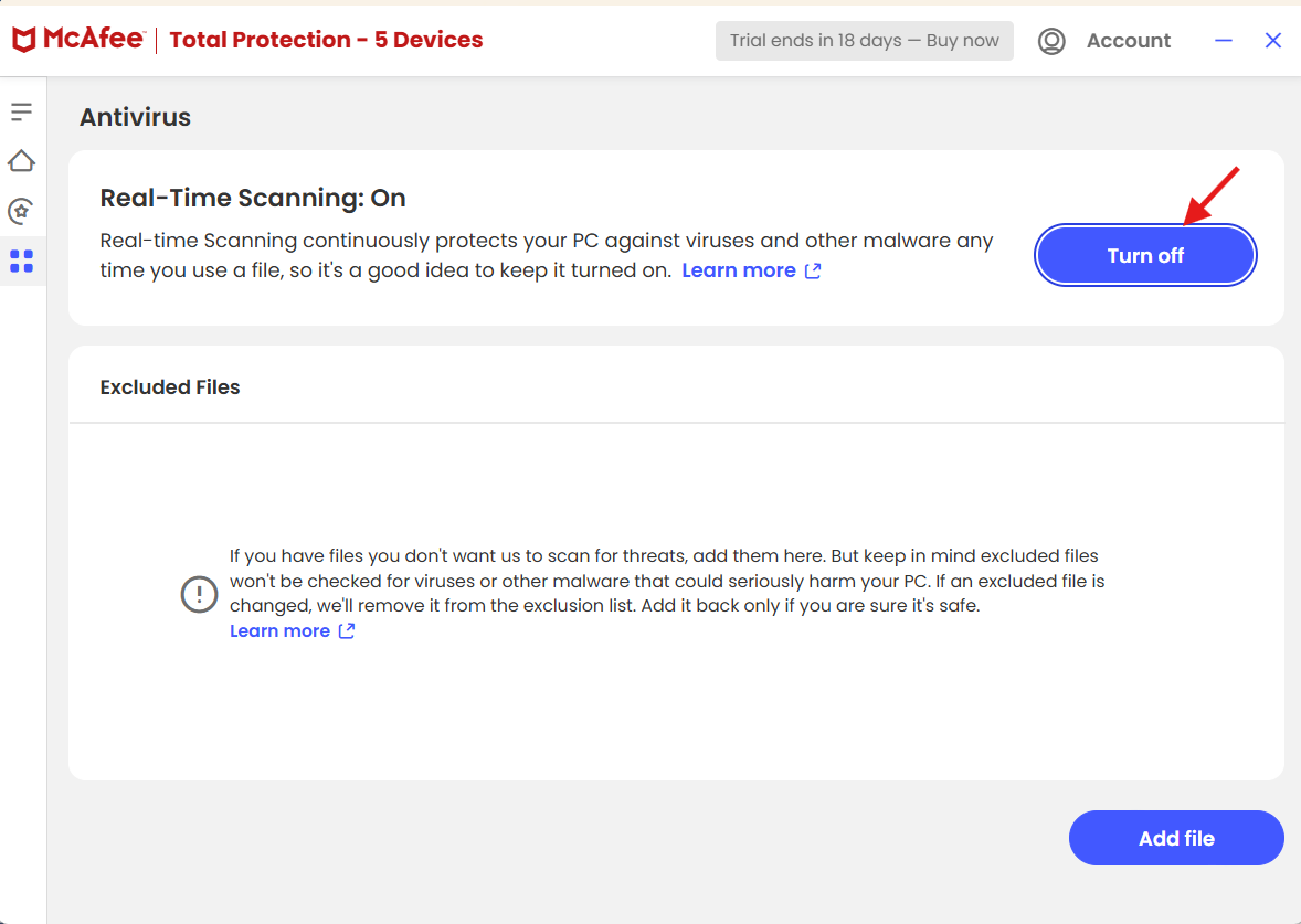 McAfee Antivirus real-time scanning tab with an arrow pointing to the turn off button