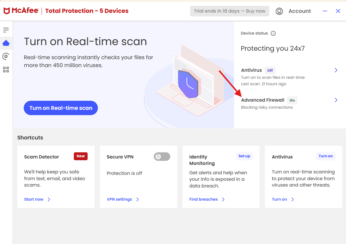 McAfee Total Protection home tab with arrow pointing to Advanced Firewall