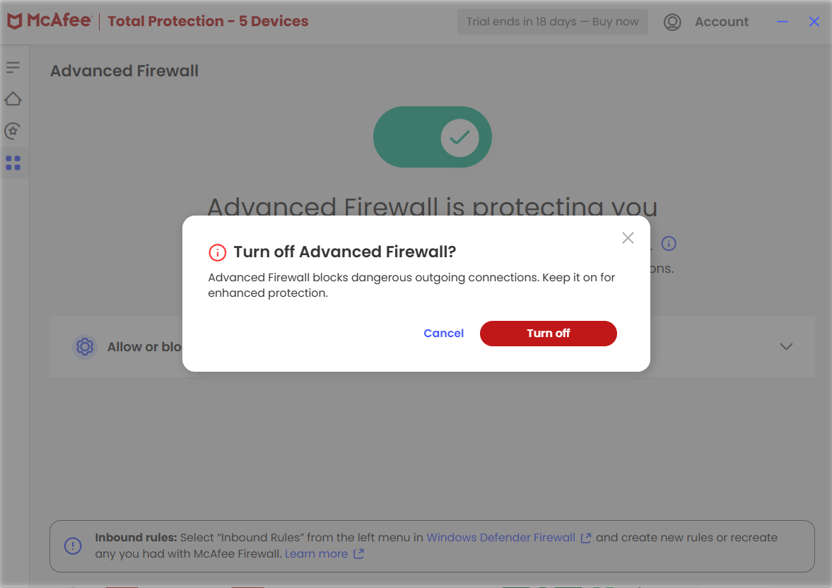 McAfee Total Protection app open on Advanced Firewall page with a pop-up warning about turning off the Advanced Firewall