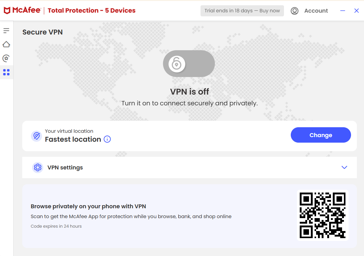 McAfee Total Protection app open on Secure VPN tab