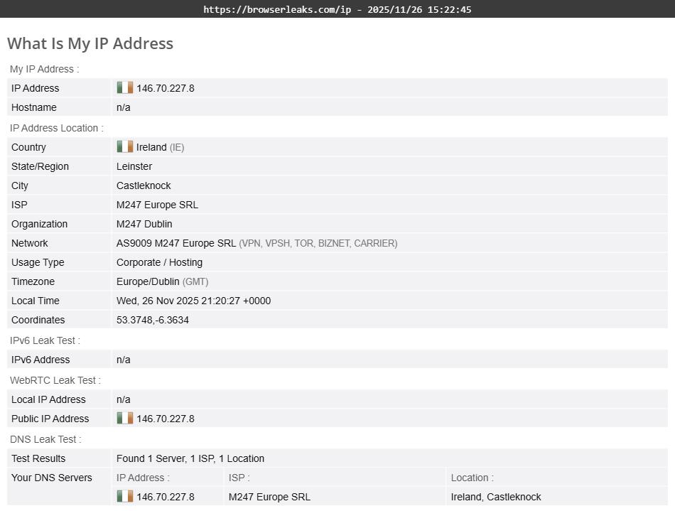 McAfee Safe Connect VPN's DNS leak test results (pass)