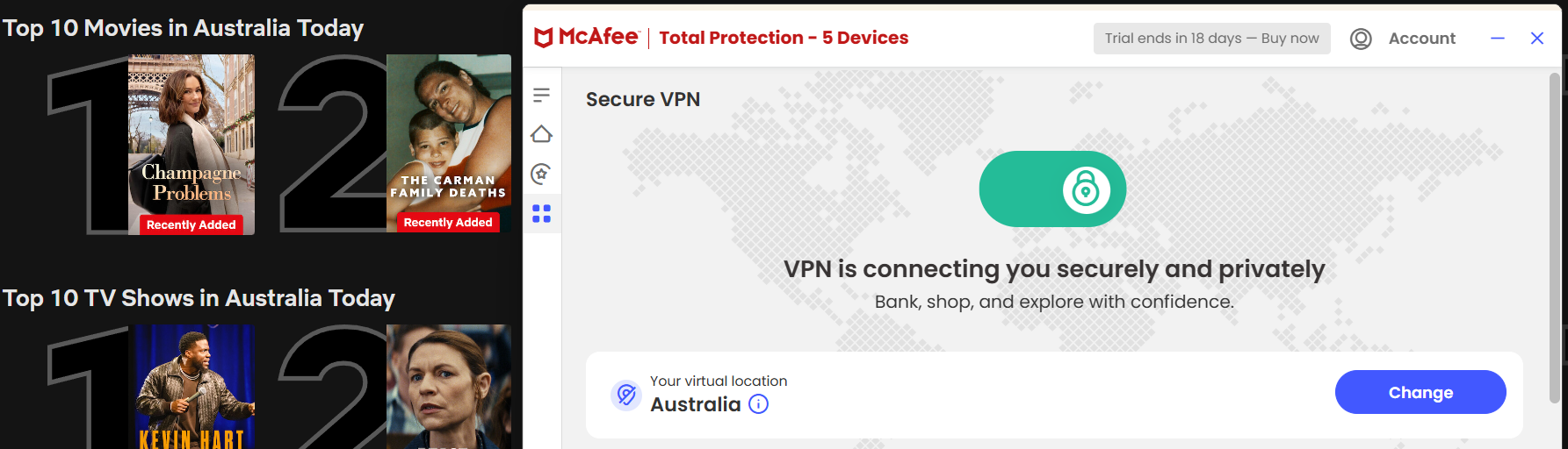 Netflix lists of top shows and movies in Australia with McAfee Safe Connect in the foreground