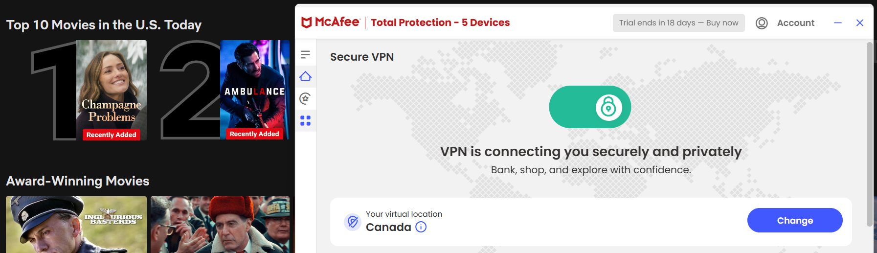 Netflix list of top shows in the U.S. today with McAfee Safe Connect in the foreground