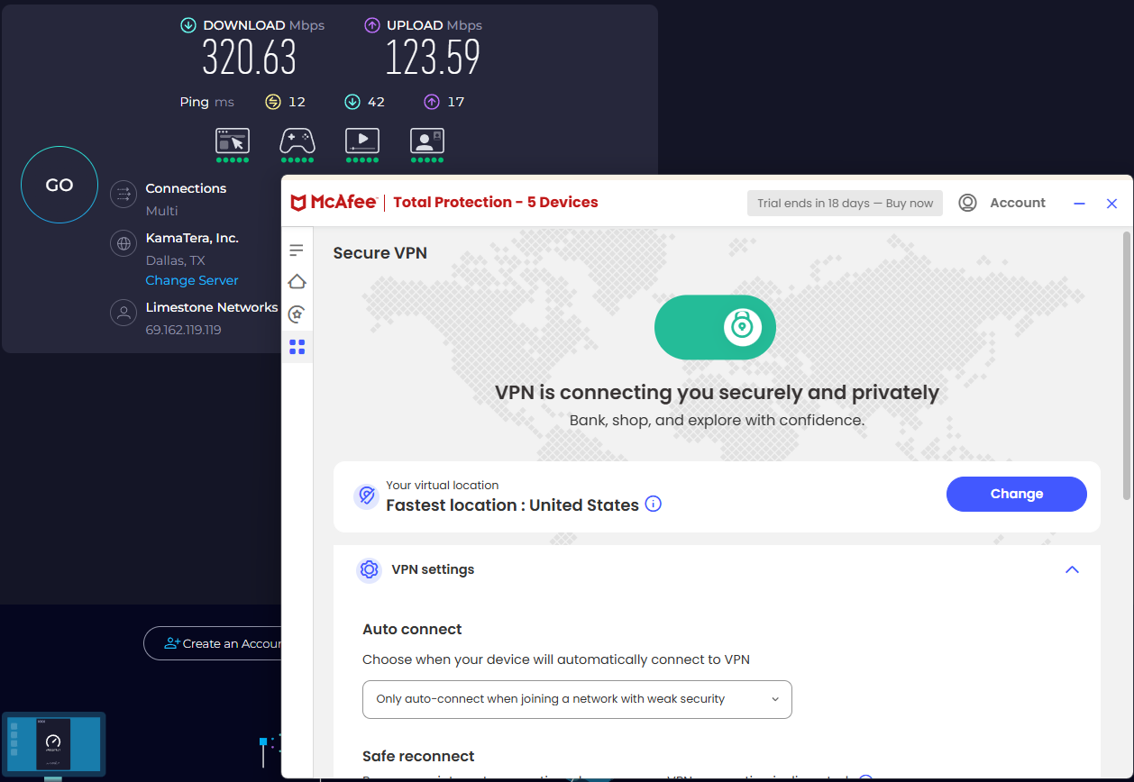 Speed test results for McAfee Safe Connect VPN while connected to a server in Dallas (320.63 download, 123.59 upload, and 12 ping)